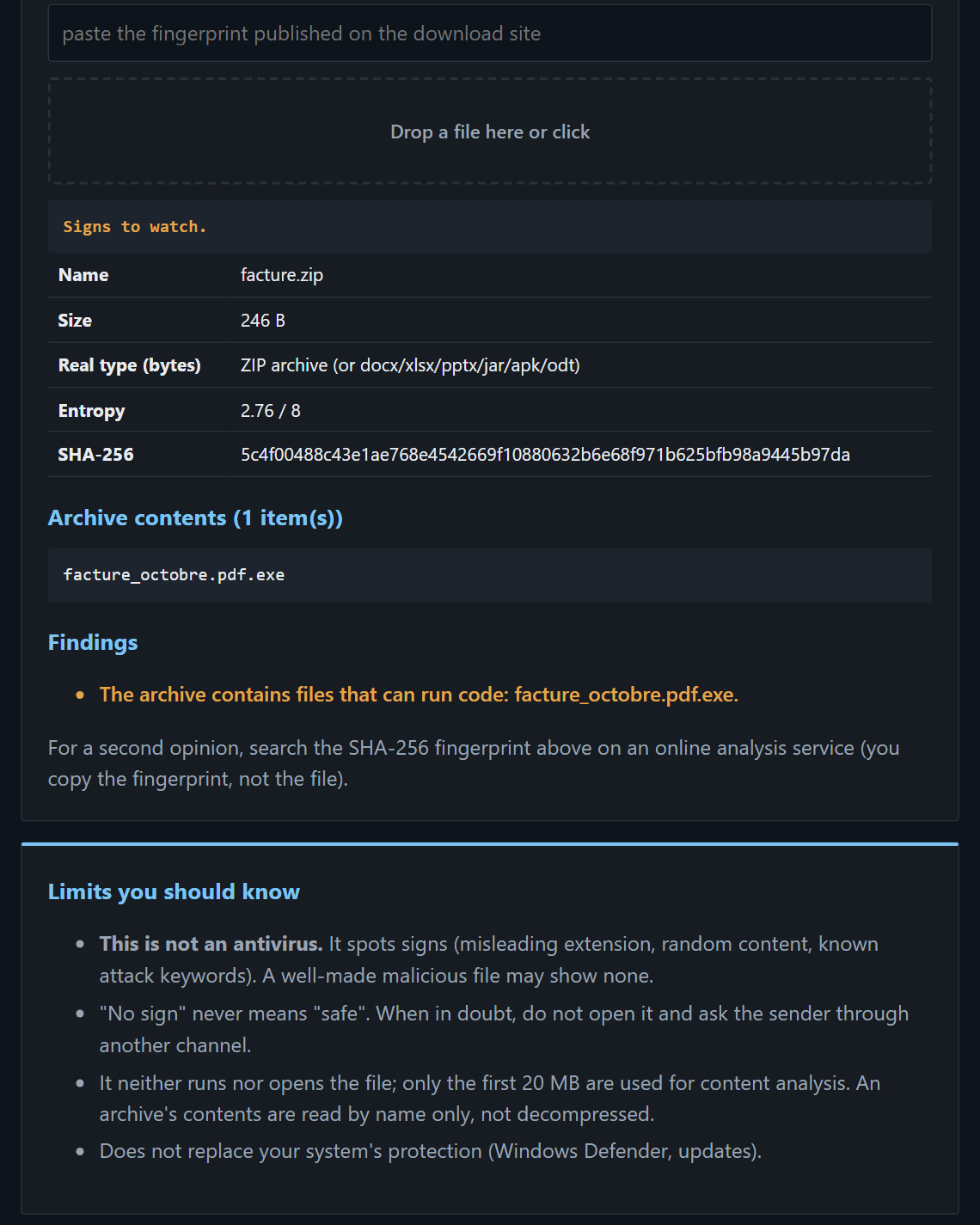 Screenshot of FileCheck: archive holding an executable disguised as a PDF, flagged
